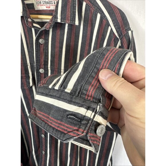 Levi’s Striped Western Shirt Hong Kong Made L 90s Denim Look Metal Buttons - Picture 2 of 7